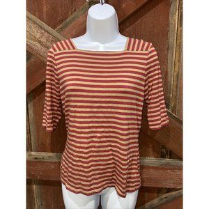 Ann Taylor Camp Top Shirt Size Medium Red Tan Short Sleeve Boatneck Cottage Core